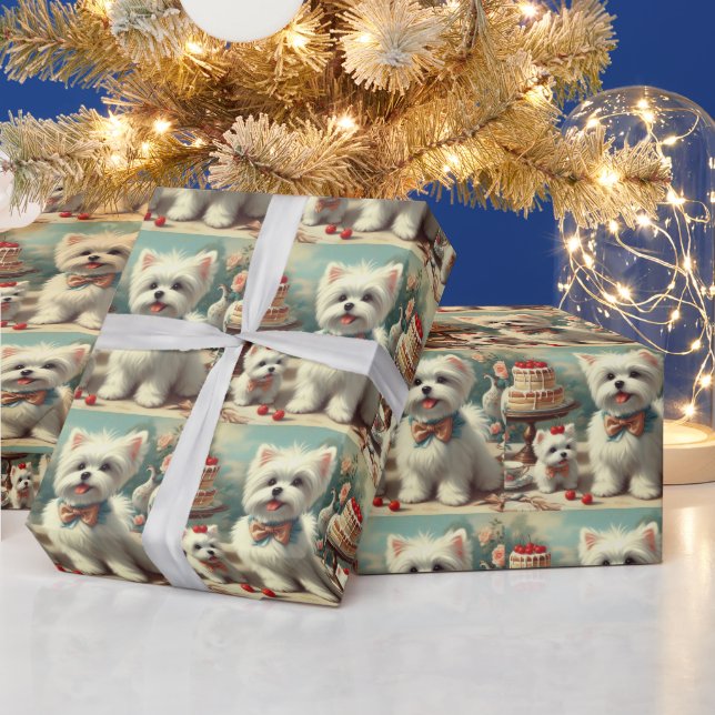 Cute Maltese Puppy Painting Wrapping Paper (Holidays)