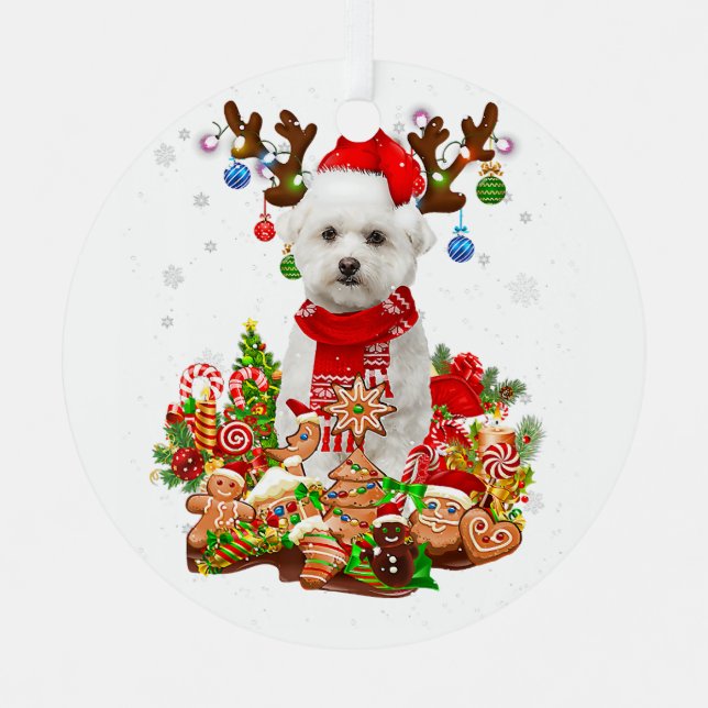 Cute Maltese Reindeer Christmas Lighting Santa Xma Metal Ornament (Front)