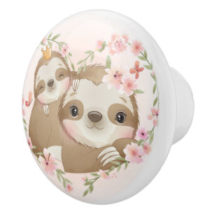 Cute Mama and Baby Sloth Ceramic Knob