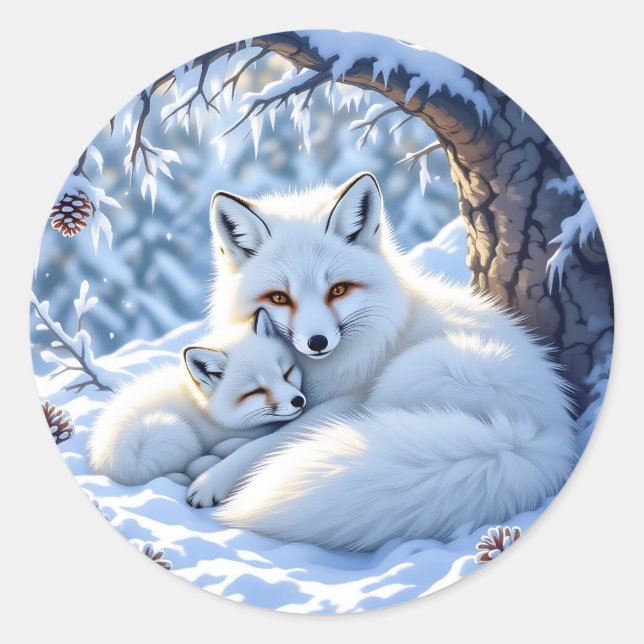 Cute Mama and Baby White Foxes in the Snow Classic Round Sticker (Front)