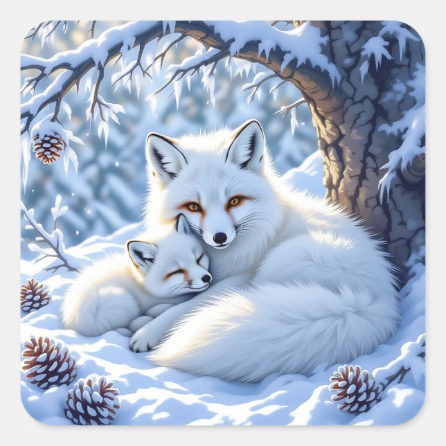 Cute Mama and Baby White Foxes in the Snow Square Sticker (Front)