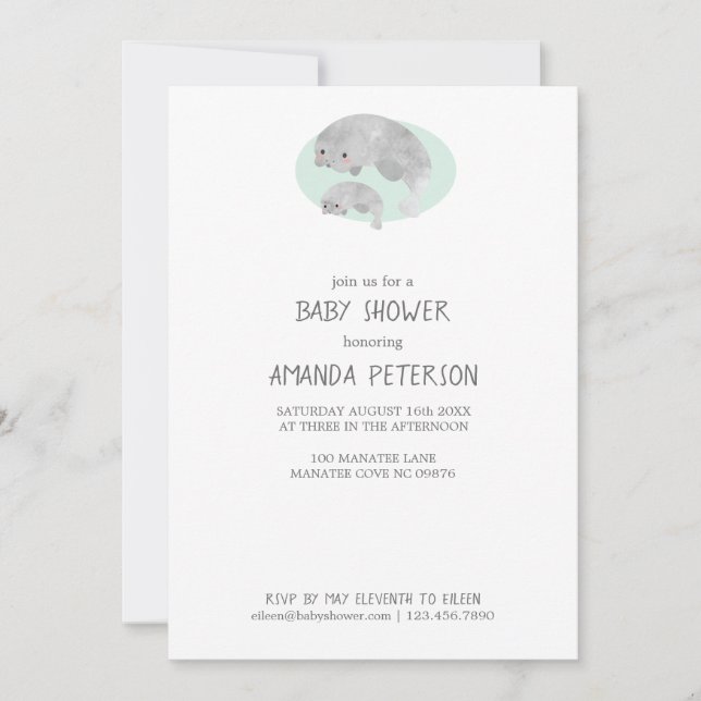 Cute Mama & Baby Manatee with Waves Baby Shower Invitation (Front)