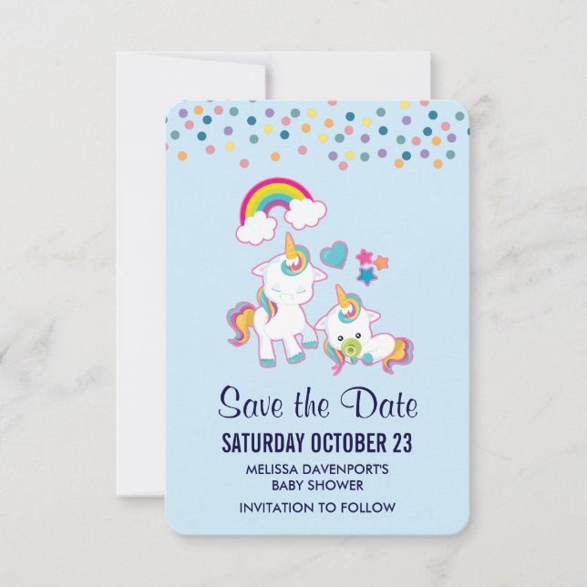 Cute Mama & Baby Unicorn Magical Illustrated Save The Date (Front)