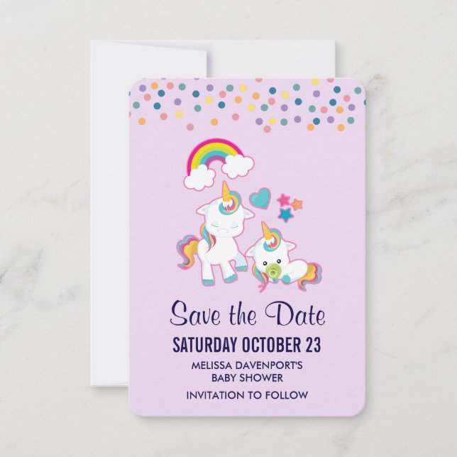 Cute Mama & Baby Unicorn Magical Illustrated Save The Date (Front)