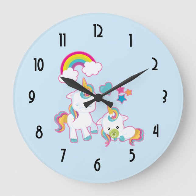 Cute Mama & Baby Unicorn Magical Illustration Large Clock (Front)