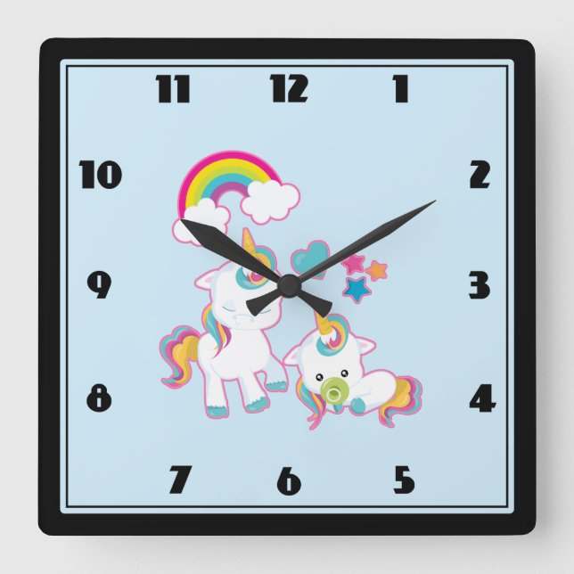 Cute Mama & Baby Unicorn Magical Illustration Square Wall Clock (Front)