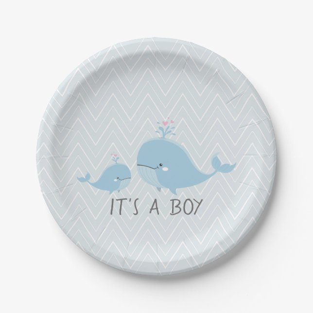 Cute Mama & Baby Whales Blue Chevron Baby Shower Paper Plate (Front)