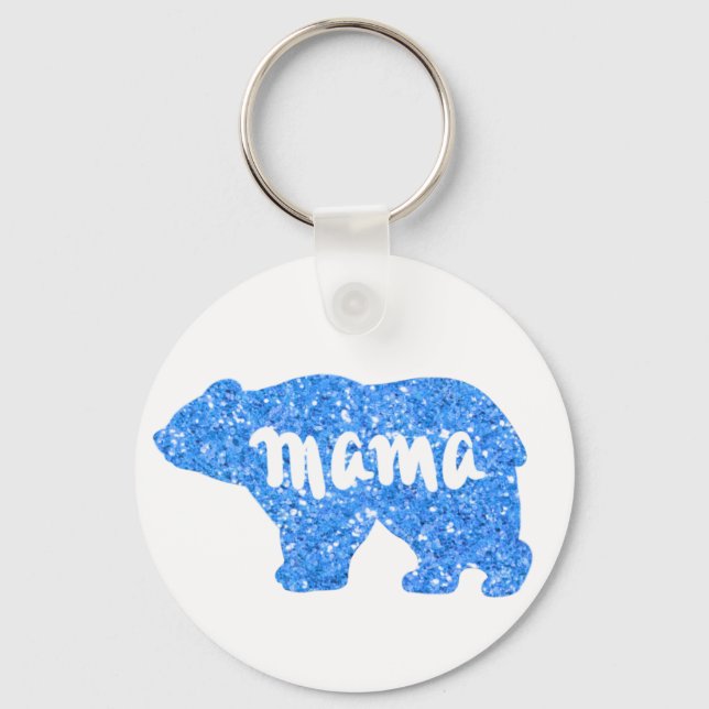 Cute Mama bear design, blue sparkling glitter Keychain (Front)