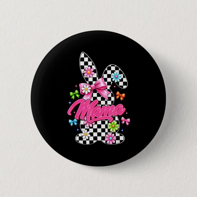 Cute mama chequered bunny coquette bow easter day 2 inch round button (Front)