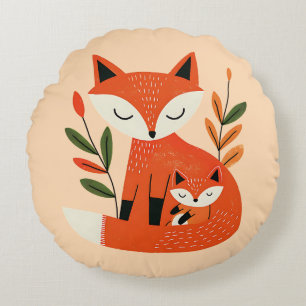 Cute Mama Fox& Baby Cub Whimsical Woodland Nursery Round Pillow