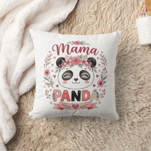 Cute Mama Panda with Pink Flowers and Hearts Throw Pillow