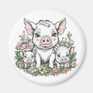 Cute Mama Pigs and Piglets in Flowers Magnet