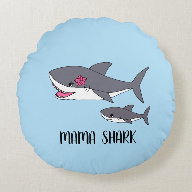 Cute Mama Shark and Baby Shark Round Pillow (Front)