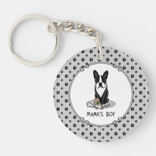 Cute Mama's Boy Boston Terrier (black) Keychain (Front)