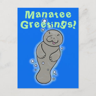 Cute manatee cartoon illustration postcard