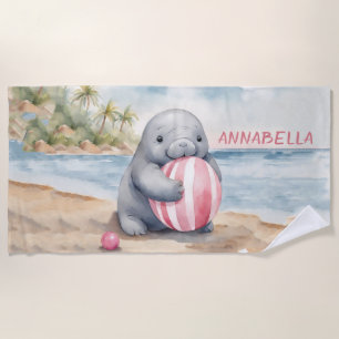 Cute Manatee Girl Beach Towel