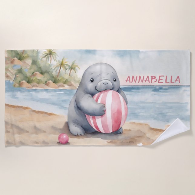 Cute Manatee Girl Beach Towel (Front)