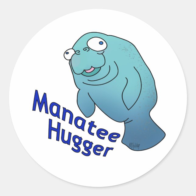 Cute Manatee Hugger Cartoon Animal Classic Round Sticker (Front)