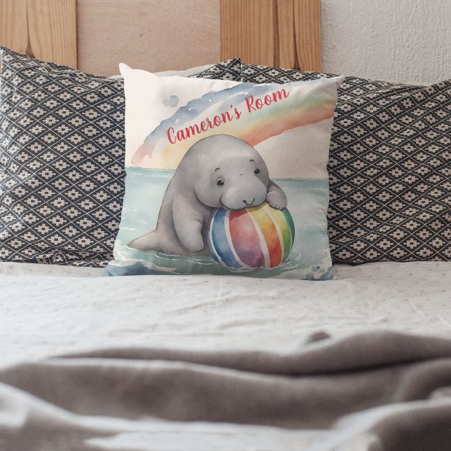 Cute Manatee Rainbow Personalized  Throw Pillow (Creator Uploaded)
