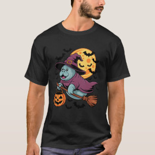 Cute Manatee Witch Riding Broom Halloween Pumpkin T-Shirt
