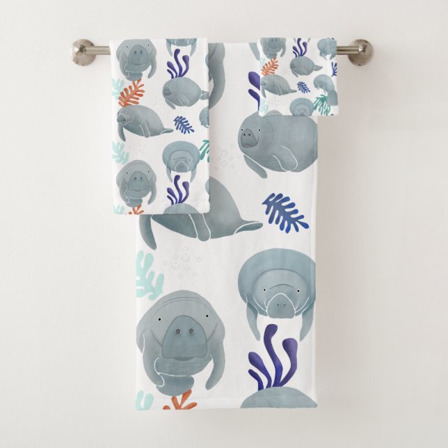 Cute Manatees With Bubbles Pattern  Bath Towel Set (Insitu)