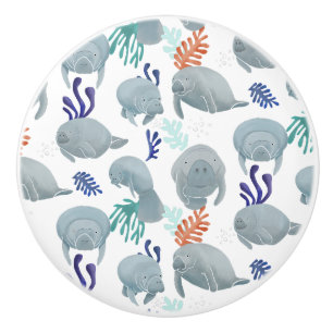 Cute Manatees With Bubbles Pattern Ceramic Knob