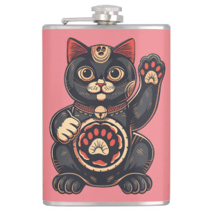  cute Maneki Neko cat print drawn Japanese  Hip Flask