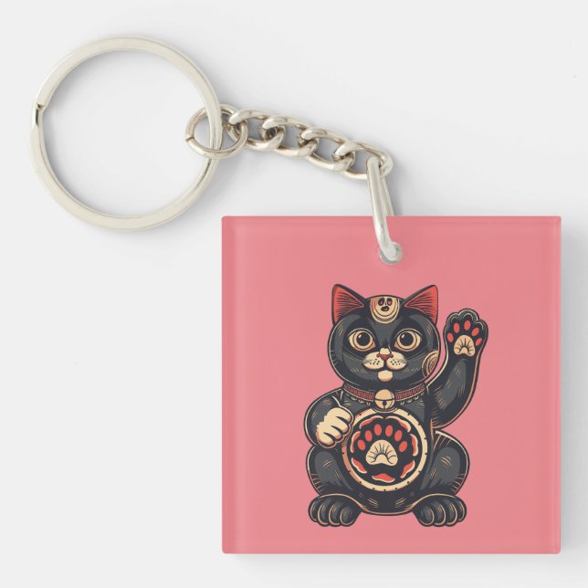  cute Maneki Neko cat print drawn Japanese  Keychain (Front)