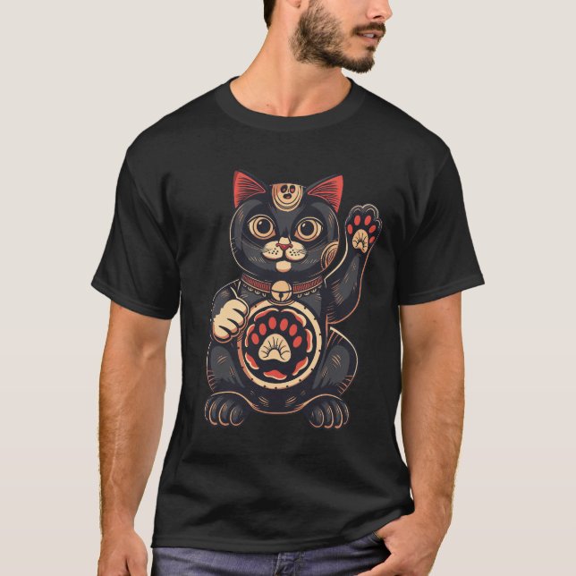 cute Maneki Neko cat print drawn Japanese T-Shirt (Front)