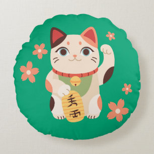 Cute Maneki Neko Lucky Cat Round Pillow