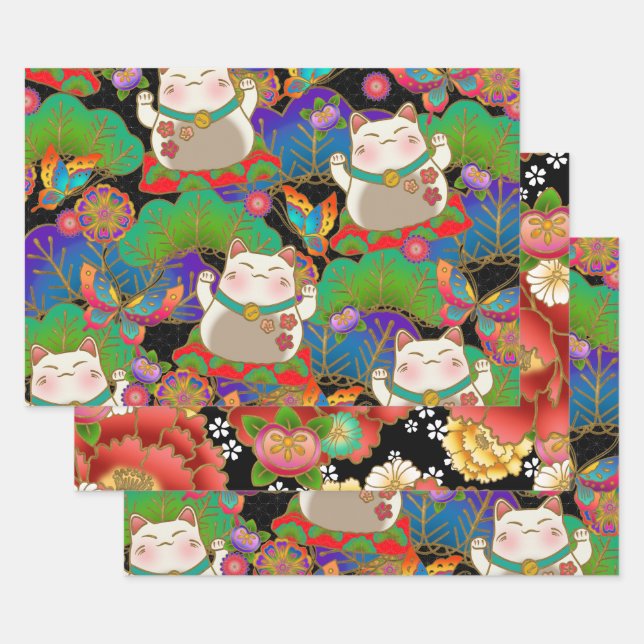 Cute maneki neko  wrapping paper sheet (Set)