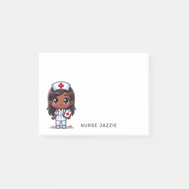 Cute Manga Black Nurse Brown Hair and Eyes 4x3 Post-it Notes (Front)