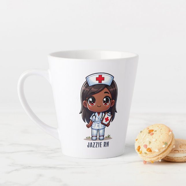 Cute Manga Black Nurse Brown Hair and Eyes Custom Latte Mug (In Situ)