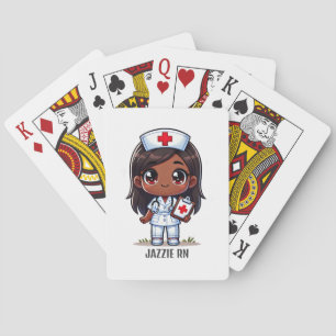 Cute Manga Black Nurse Brown Hair and Eyes Custom Playing Cards