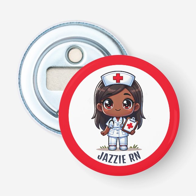 Cute Manga Black Nurse Caricature Personalized Bottle Opener (Front)