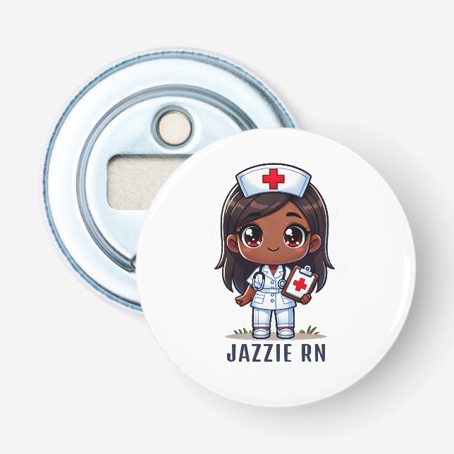 Cute Manga Black Nurse Caricature Personalized Bottle Opener (Front)