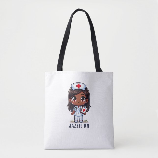 Cute Manga Black Nurse Caricature Personalized Tote Bag (Front)