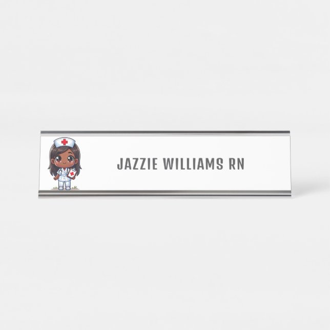 Cute Manga Black Nurse Personalized Desk Name Plate (Front)