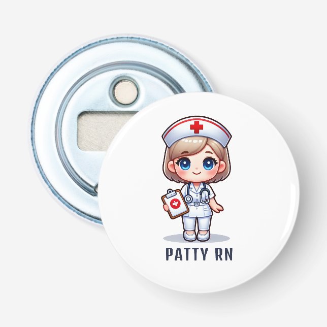 Cute Manga Blonde Nurse Caricature Personalized Bottle Opener (Front)