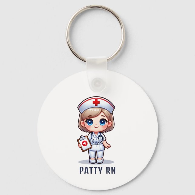 Cute Manga Blonde Nurse Caricature Personalized Keychain (Front)