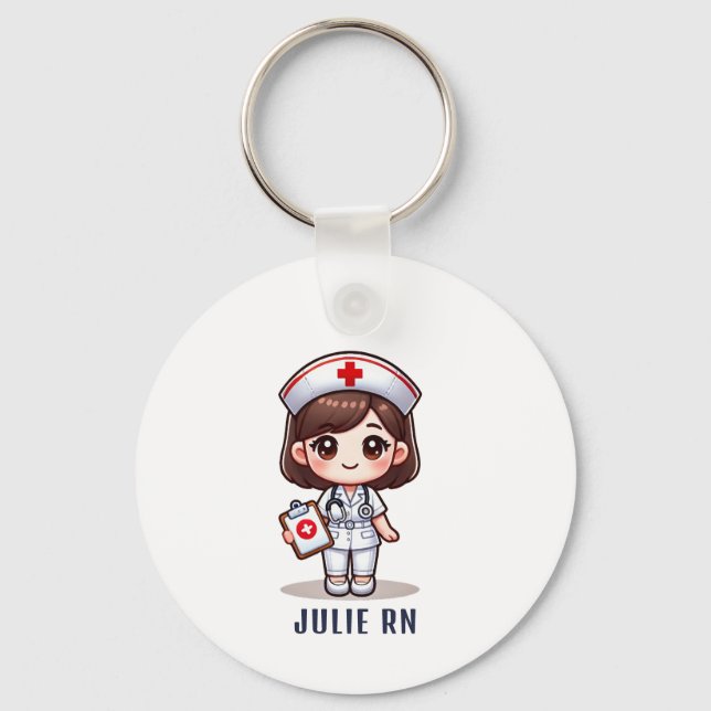 Cute Manga Brunette Nurse Caricature Personalized Keychain (Front)