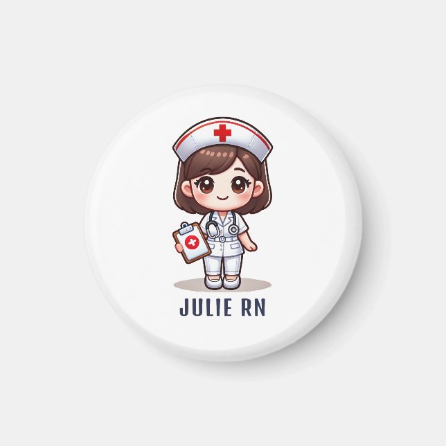 Cute Manga Brunette Nurse Caricature Personalized Magnet (Front)