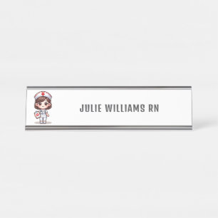 Cute Manga Brunette Nurse Personalized Desk Name Plate