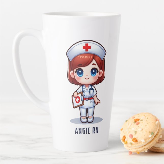 Cute Manga Nurse Redhead Blue Eyes Custom Latte Mug (In Situ)