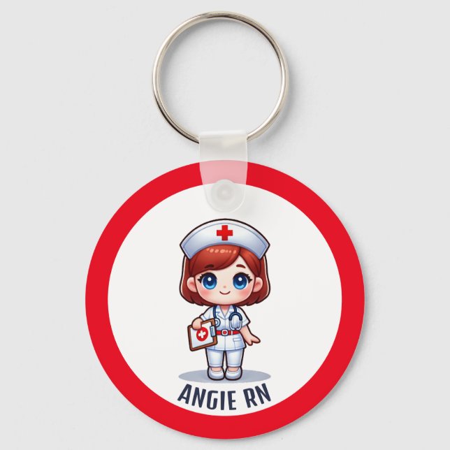 Cute Manga Nurse Redhead Caricature Custom Keychain (Front)