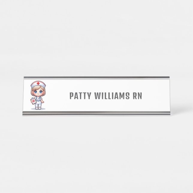 Cute Manga Nurse with Blonde Hair Personalized Desk Name Plate (Front)