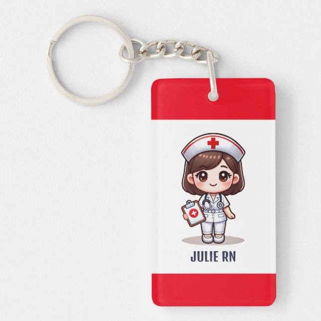 Cute Manga Nurse with Brown Hair Brown Eyes Custom Keychain (Front)