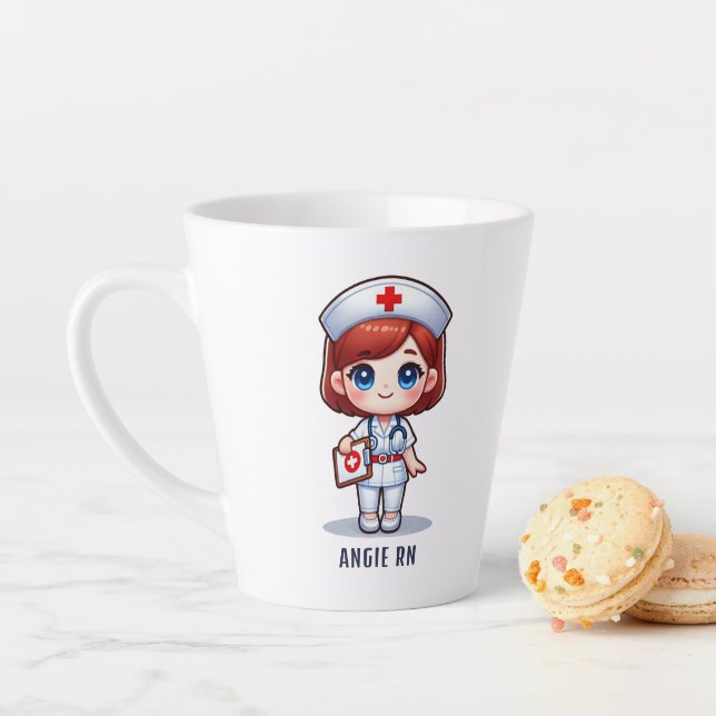 Cute Manga Nurse with Brown Hair Brown Eyes Custom Latte Mug (In Situ)