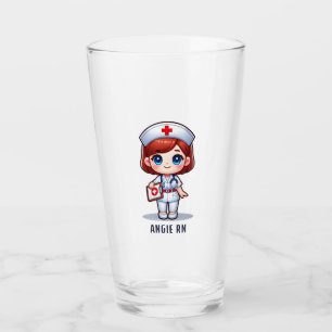 Cute Manga Nurse with Red Hair Blue Eyes Custom Glass