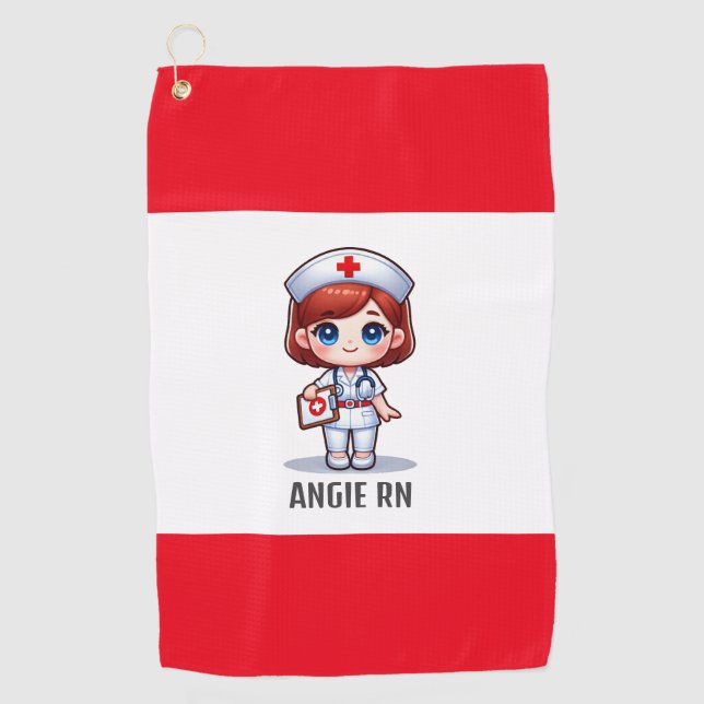 Cute Manga Nurse with Red Hair Blue Eyes Custom Golf Towel (Front)